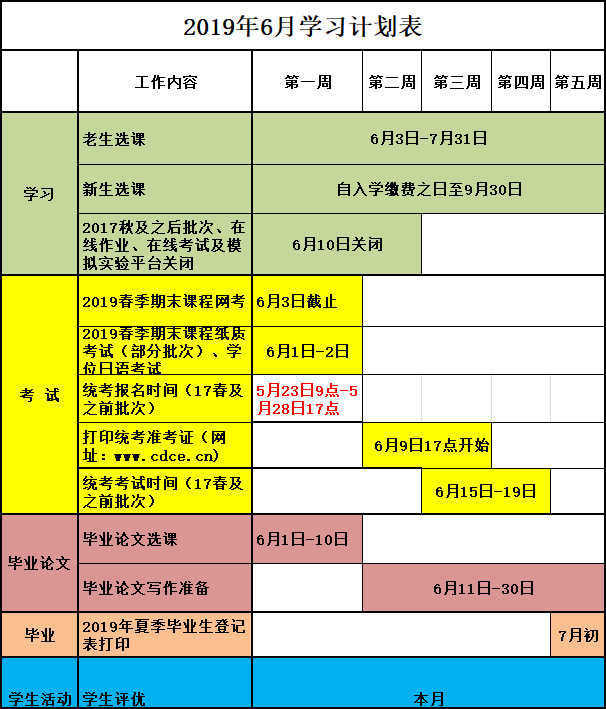 2019年6月学习计划表