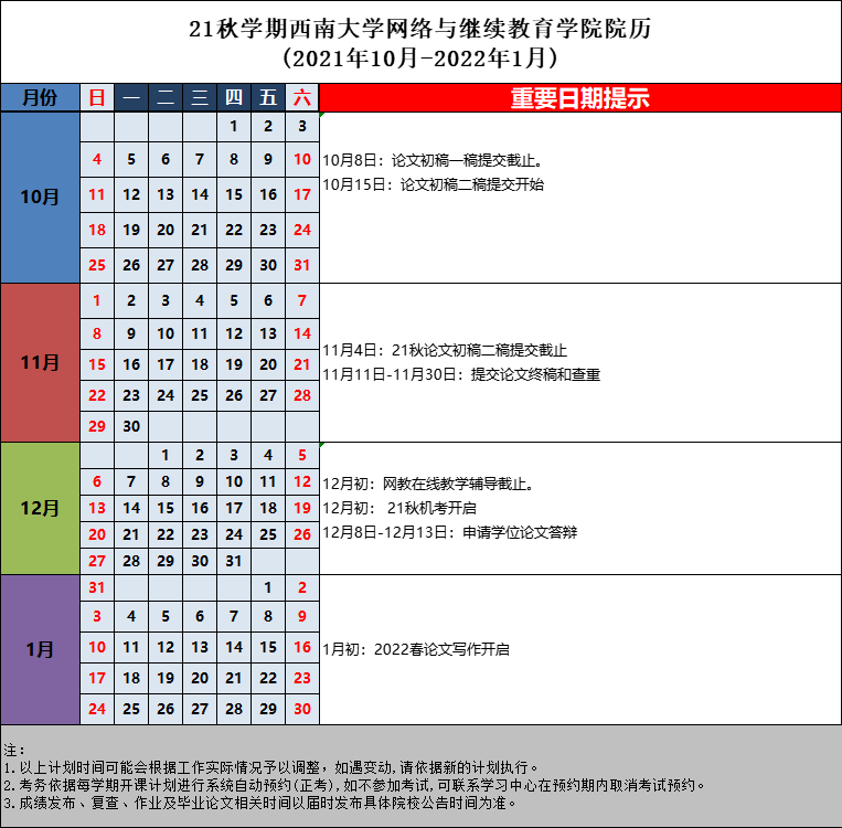 21秋学期西南大学网络与继续教育学院院历 (2021年10月-2022年1月)